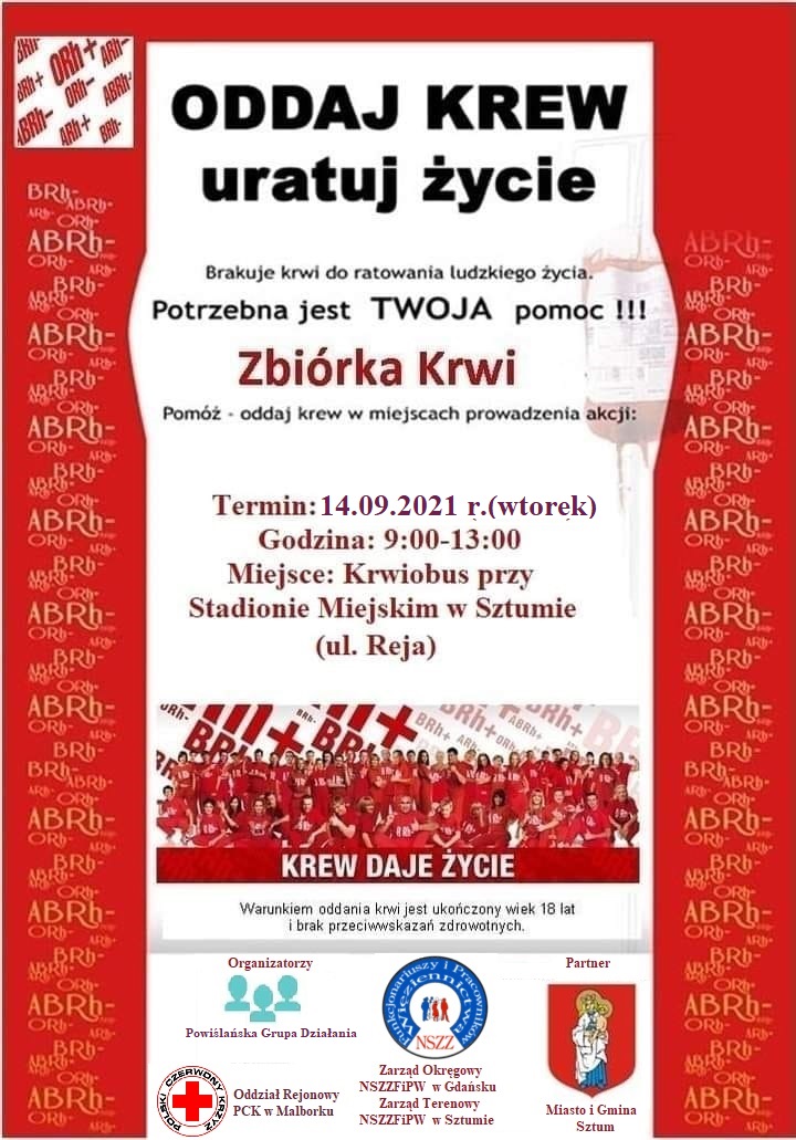 Obraz przedstawia plakat zbiórki krwi.
