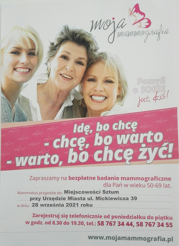 plakat infurmujący o bezpłatnym badaniu mammograficznym