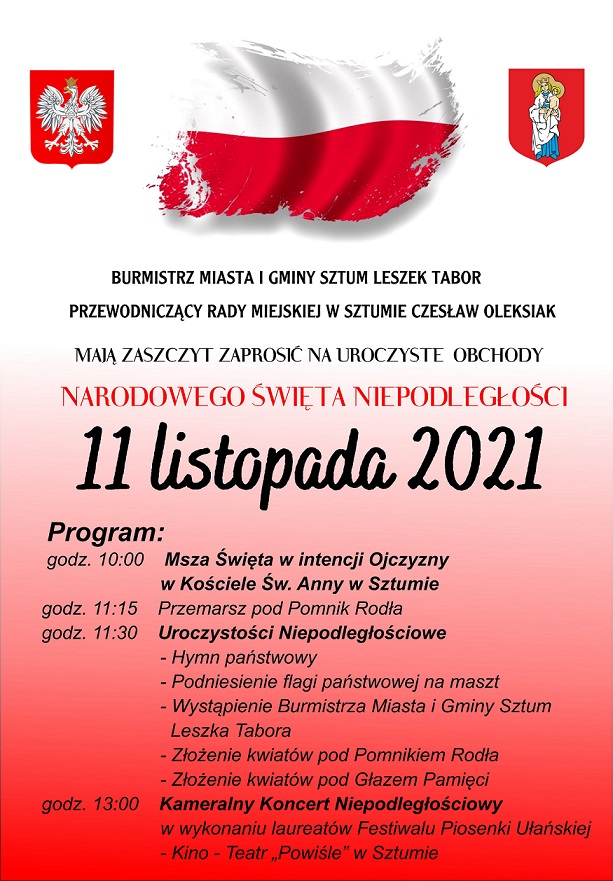 Plakat informujący o wydarzeniu "Narodowe Święto Niepodległości" Plakat informujący o wydarzeniu "Narodowe Święto Niepodległości"