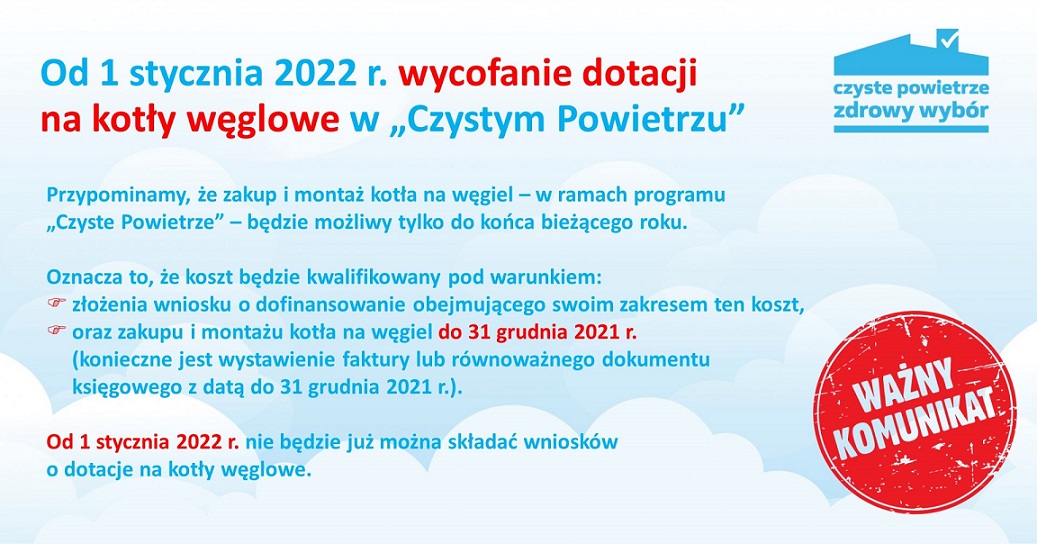 Plakat informujący o dotacji na wymianę kotła węglowego Plakat informujący o dotacji na wymianę kotła węglowego