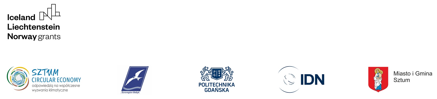 Grafika przedstawiająca logotypy: ILN Grants, Sztum Circular Economy, Euroregion Bałtyk, Politechnika Gdańska, IDN, Miasto i Gmina Sztum