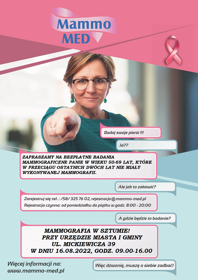 Grafika informująca o planowanym badaniu mammograficznym Grafika informująca o planowanym badaniu mammograficznym