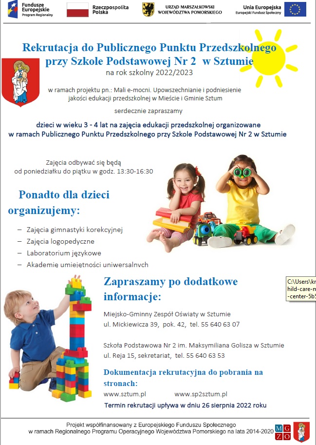 Plakat informujący o rekrutacji do Publicznego Punktu Przedszkolnego przy Szkole Podstawowej Nr 2 w Sztumie Plakat informujący o rekrutacji do Publicznego Punktu Przedszkolnego przy Szkole Podstawowej Nr 2 w Sztumie