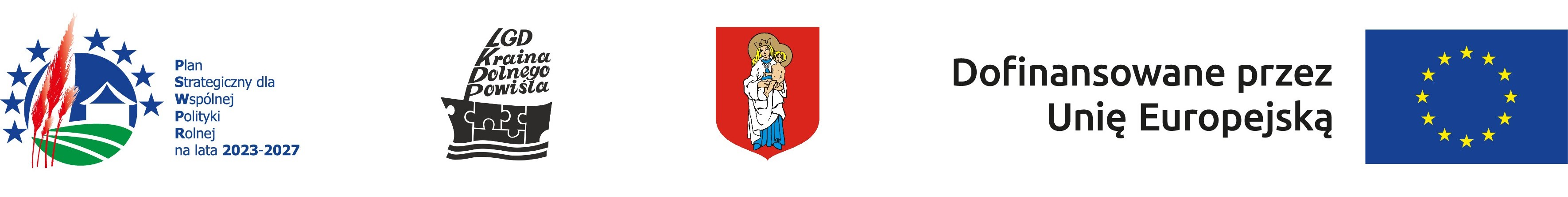 Obraz zawiera Logotypy: Plan Strategiczny dla Wsp&oacute;lnej Polityki Rolnej na&nbsp;lata 2023 - 2027, LGD Kraina Dolnego Powisla, herb Sztumu, flagę Unii Europejskiej i&nbsp;widoczny po jej lewej stronie napi: Dofinansowano przez Unię Europejską