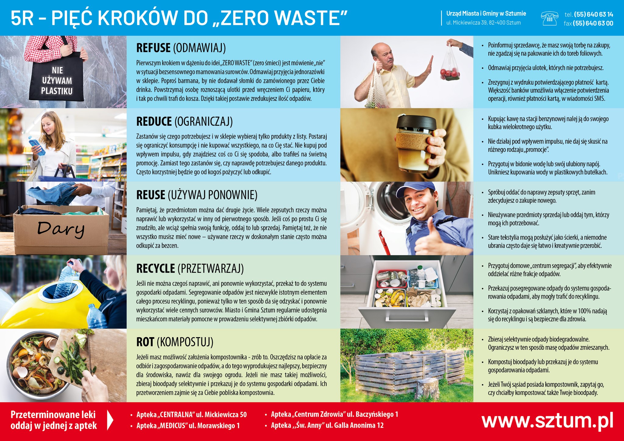 Infografika prezentująca zasady ograniczania odpad&oacute;w zgodnie z&nbsp;koncepcją 5R: odmawiaj, ograniczaj, używaj ponownie, przetwarzaj i&nbsp;kompostuj, wraz z&nbsp;kr&oacute;tkimi opisami działań oraz&nbsp;przykładami codziennych nawyk&oacute;w wspierających ochronę środowiska.