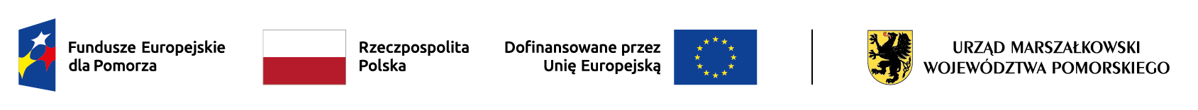 Obraz zawiera logotypy: Fundusze Europejskie Dla Pomorza, flagę Rp, flagę UE Herb Wokew&oacute;dztwa Pomorskiego