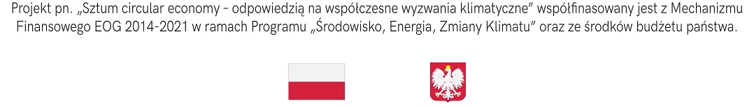 Grafika przedstawiająca informację "Projekt pn. "Sztum circular economy - odpowiedzią na współczesne wyzwania klimatyczne: współfinansowany jest z Mechanizmu Finansowego EOG 2014-2021 w ramach Programu "Środowisko, Energia, Zmiany Klimatu" oraz ze środków budżetu państwa." oraz logotypy flaga Polski, godło Polski