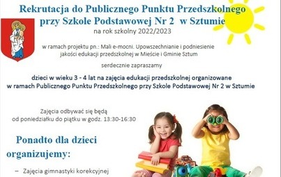Zdjęcie do Rekrutacja do Publicznego Punktu Przedszkolnego przy Szkole Podstawowej Nr 2 w Sztumie na rok szkolny 2022/2023
